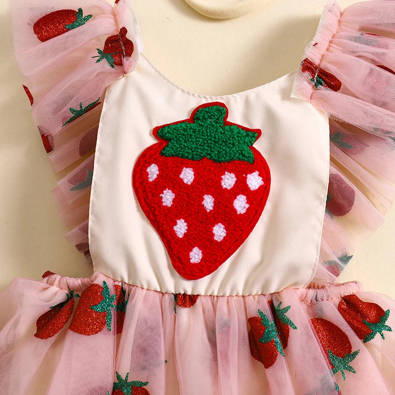Baby Girl Summer Outfit, Strawberry Embroidery Fly Sleeve Romper Dress Bow Headband Toddler 2 Piece Set