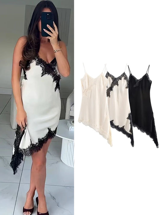 Women Satin Sexy Lace Spliced Sling Dress Sleeveless Backless Asymmetric Split Street Party Dresses 2025 Newest Lady Dress