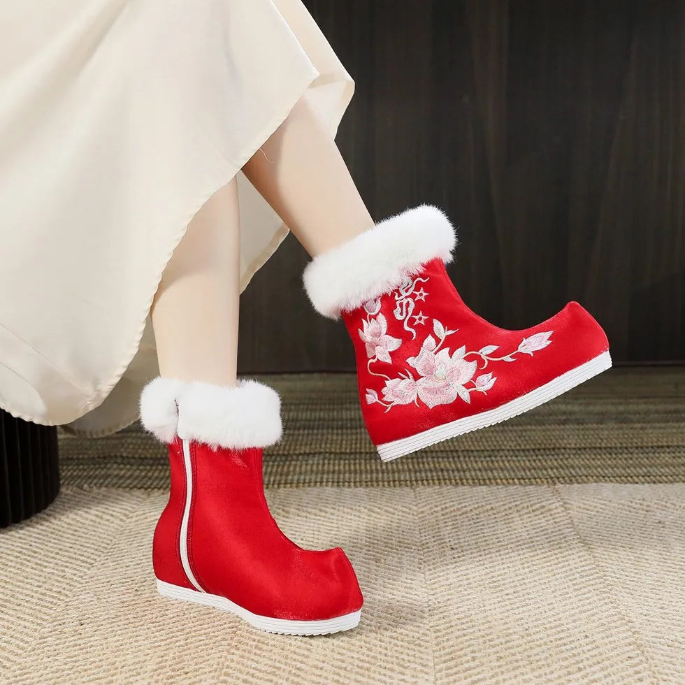 Winter Fashion Shoes Embroidered Fur Boots For Woman Bota Ancient Costume Botines Para Mujeres Hanfu Women's Boots Botas Mujer