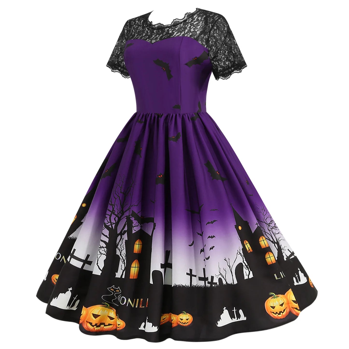 Halloween Gothic Dress Costume - Women's Retro Lace round Neck Short-Sleeved Printed Maxi Dress for Cosplay Party