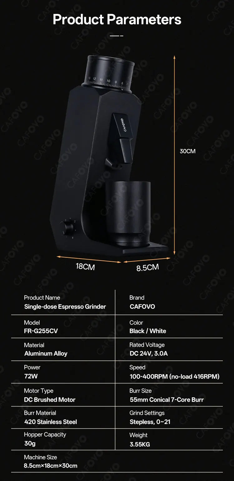 CAFOVO G255CV Single-Dose Coffee Grinder 55mm Conical 7-Core Burr Speed Range 100–400 RPM for Espresso and Pour-over Coffee Mill