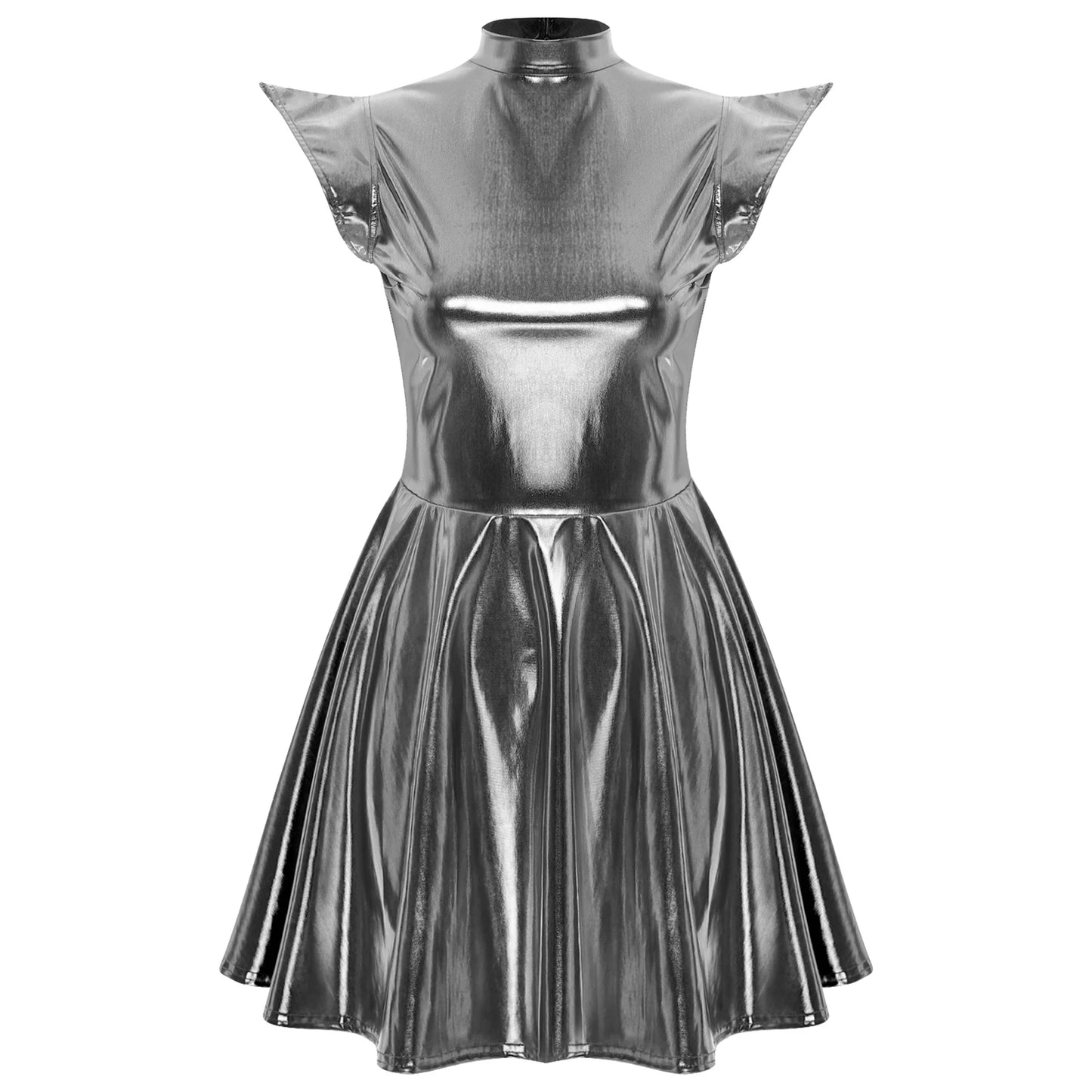 Womens High Waist A-line Dress Shiny Metallic Mock Neck Cap Sleeve Dress Modern Pole Dance Rave Party Bar Club Wear Street Wear
