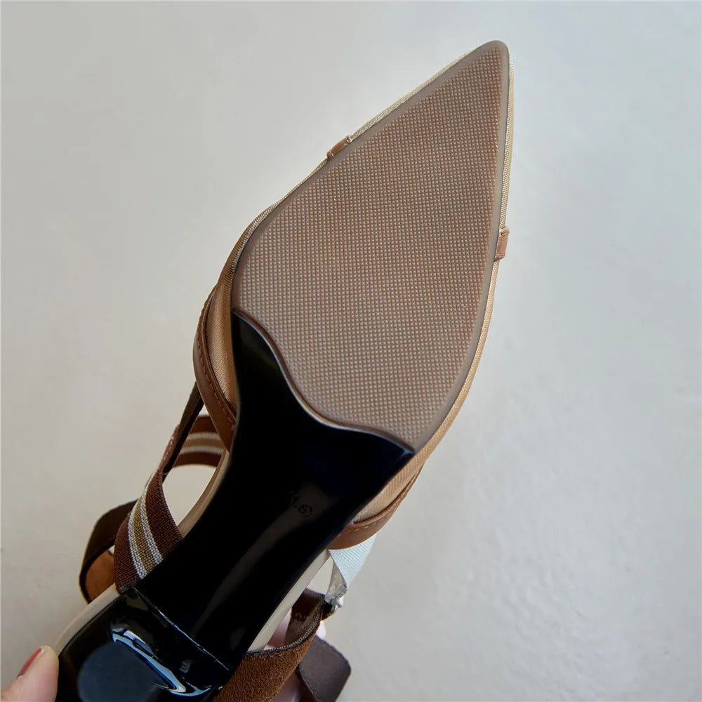 Aucegi Pointy Toe Thin High Heel Slingback Sandals Women Brand Design Elegant Genuine Leather Splicing Mesh Party Dress Shoes