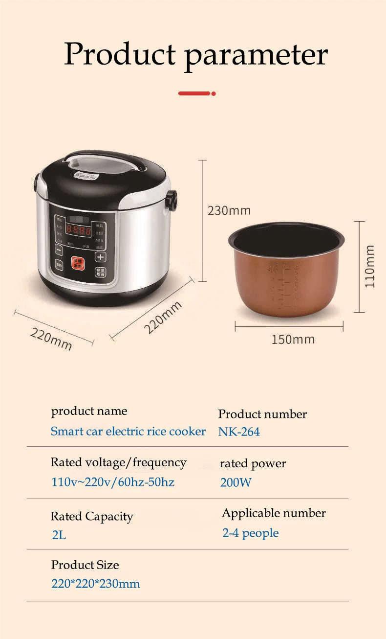 Electric Car Rice Cooker 2L Portable Truck Multi-Cooker Soup Porridge Cooking Food Steamer Electric Lunch Box 12V or 24V