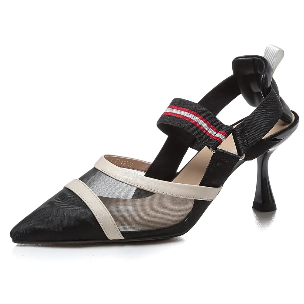 Aucegi Pointy Toe Thin High Heel Slingback Sandals Women Brand Design Elegant Genuine Leather Splicing Mesh Party Dress Shoes