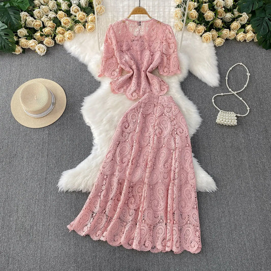Women Two Piece Sets Skirt Set Embroidery Lace Hollow Out Half Sleeve Shirt Long Skirts A Line High Waist Elegant Work Spring