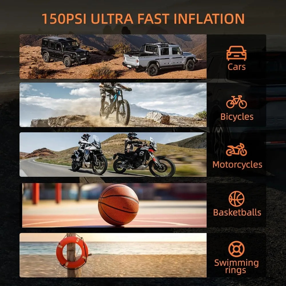 4‑IN‑1 Portable Car Jump Starter with Air Compressor, Tire Inflator, Power Bank with Fast Charging & LED Light for 12V Emergency