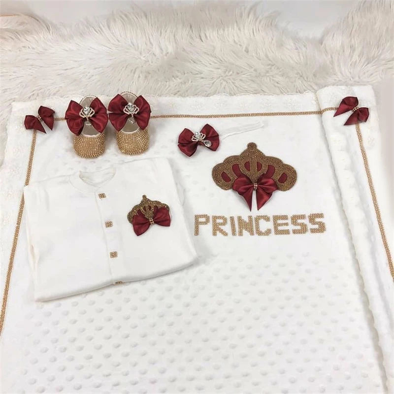 5pcs Baby Girl Outfits Set Welcome Home Hosptial Infant Receiving Blanket Pillow Bed Hat Mittens Romper Set