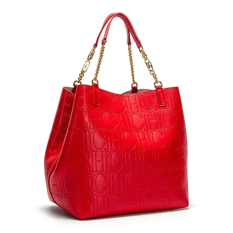 CH Tote Bag For Women Luxury Designer Handbag Fashion Embossed Leather Shoulder Bag Elegant Gold Chain Tote Bag For Daily Use
