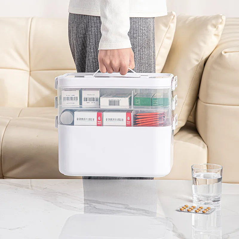 Multi-Layer Medicine Storage Box - Portable Home Emergency Organizer with Snap Closure, Durable Plastic Material, for Storing and Organizing Medicines and Miscellaneous Items