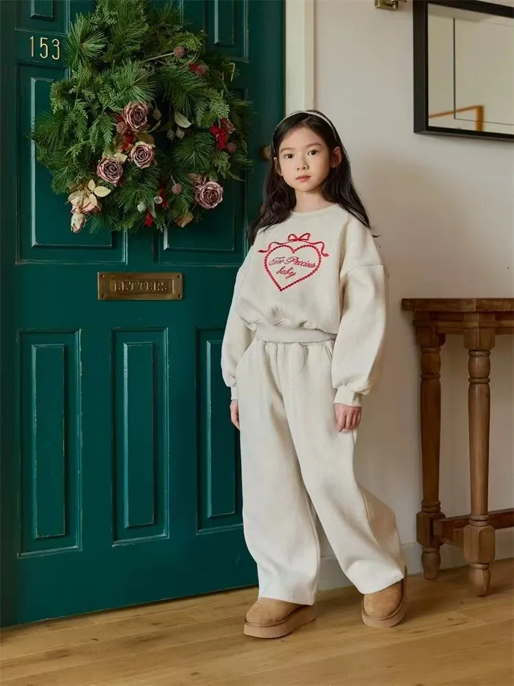 2025 Spring New Children Long Sleeve Clothes Set Baby Girls Heart Embroidery Sweatshirt + Pants 2pcs Suit Kids Sports Outfits
