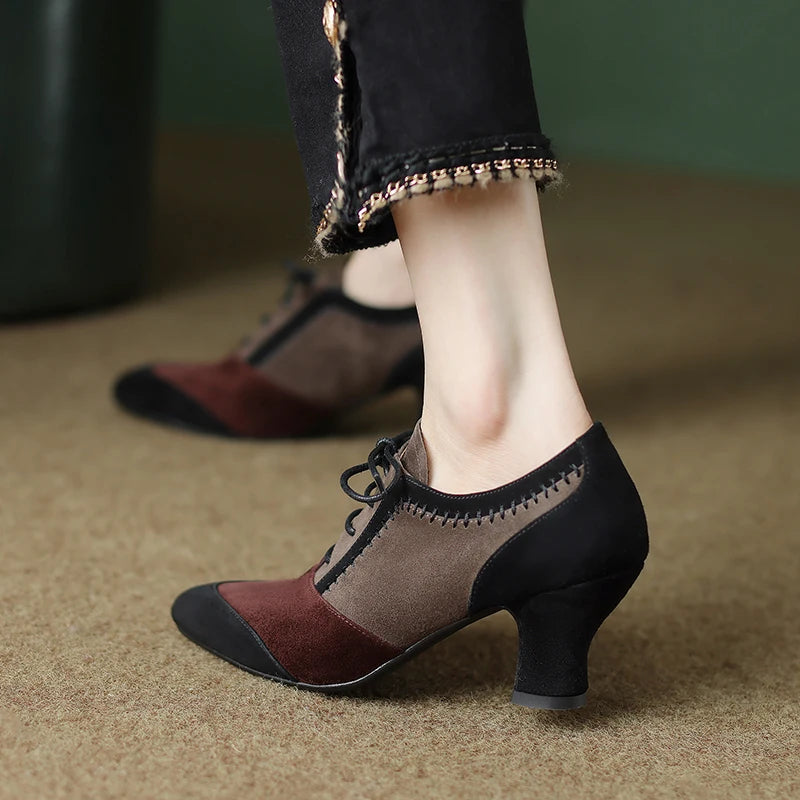 2025 New Spring Autumn Retro Mature Women Pumps Office Ladies High-heeled Lace-Up Genuine Leather Suede Shoes Woman High Quality