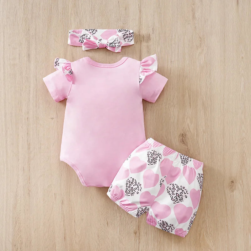 Mother's Day Themed Baby Short-Sleeved 3-Piece Set for Girls (0-18 Months), Pink Hearts and Bow Design