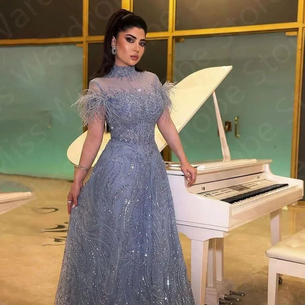 Customized Prom Dresses Exquisite Classic Organza Feather Beading Draped A-line Long Dress High Quality Evening Party for Women