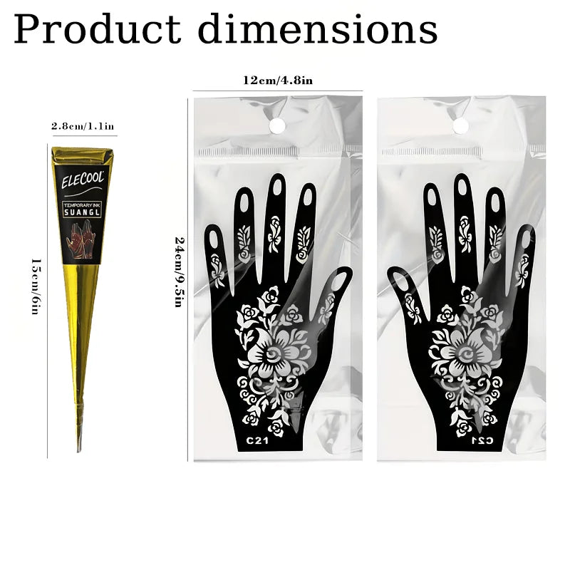 SUANGL Temporary Henna Tattoo Kit 3 Colors Black Brown Red with Stencils for Beginners Professionals Party Gift Set