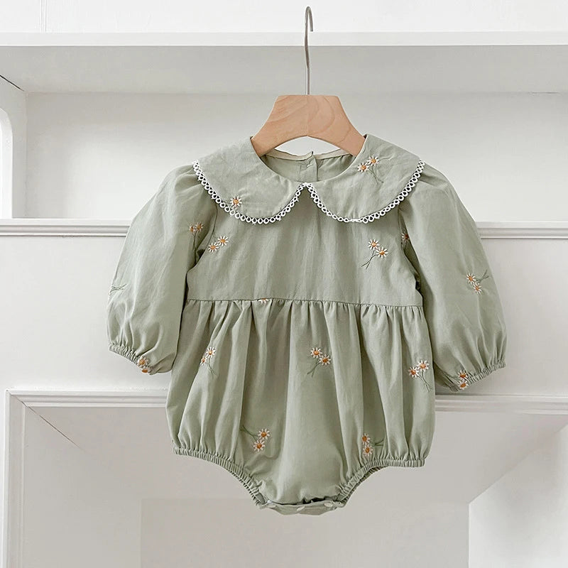0-24M New Newborn Baby Girl Lapel Korean Style Bodysuit Autumn Long Sleeved Cotton Embroidery Climbing Suit Baby Girl Clothing