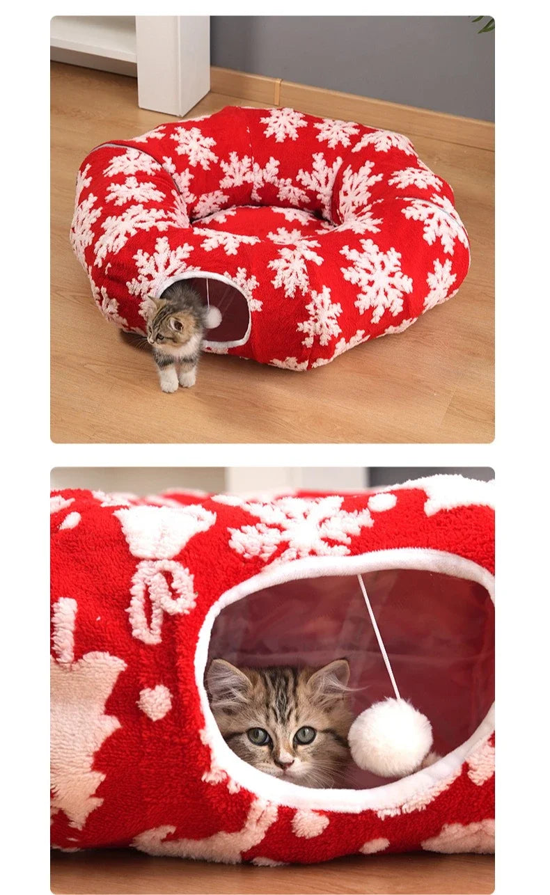 Round Donut Cat Beds Christmas House Soft Plush Pet Mat for Puppy Cushion for Cats To Hide 2 in 1 Tunnel Cats Sleeping Sofa Noel
