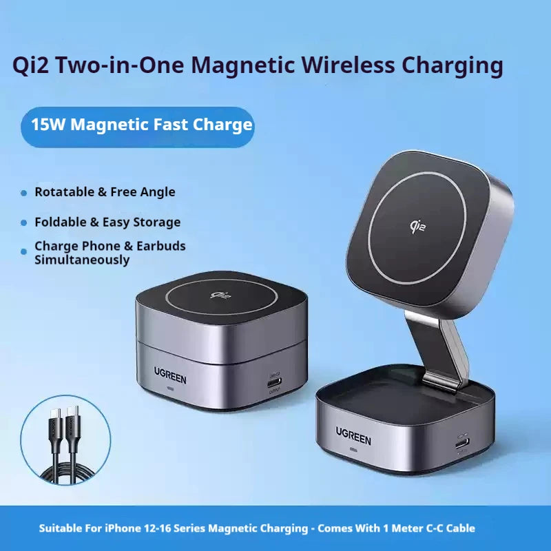 UGREEN Qi2 25W Magnetic Wireless Charger Stand Magsafe Fast Charger 2-in-1 Charging Stand For iPhone 16Pro 15 Pro Max/AirPods