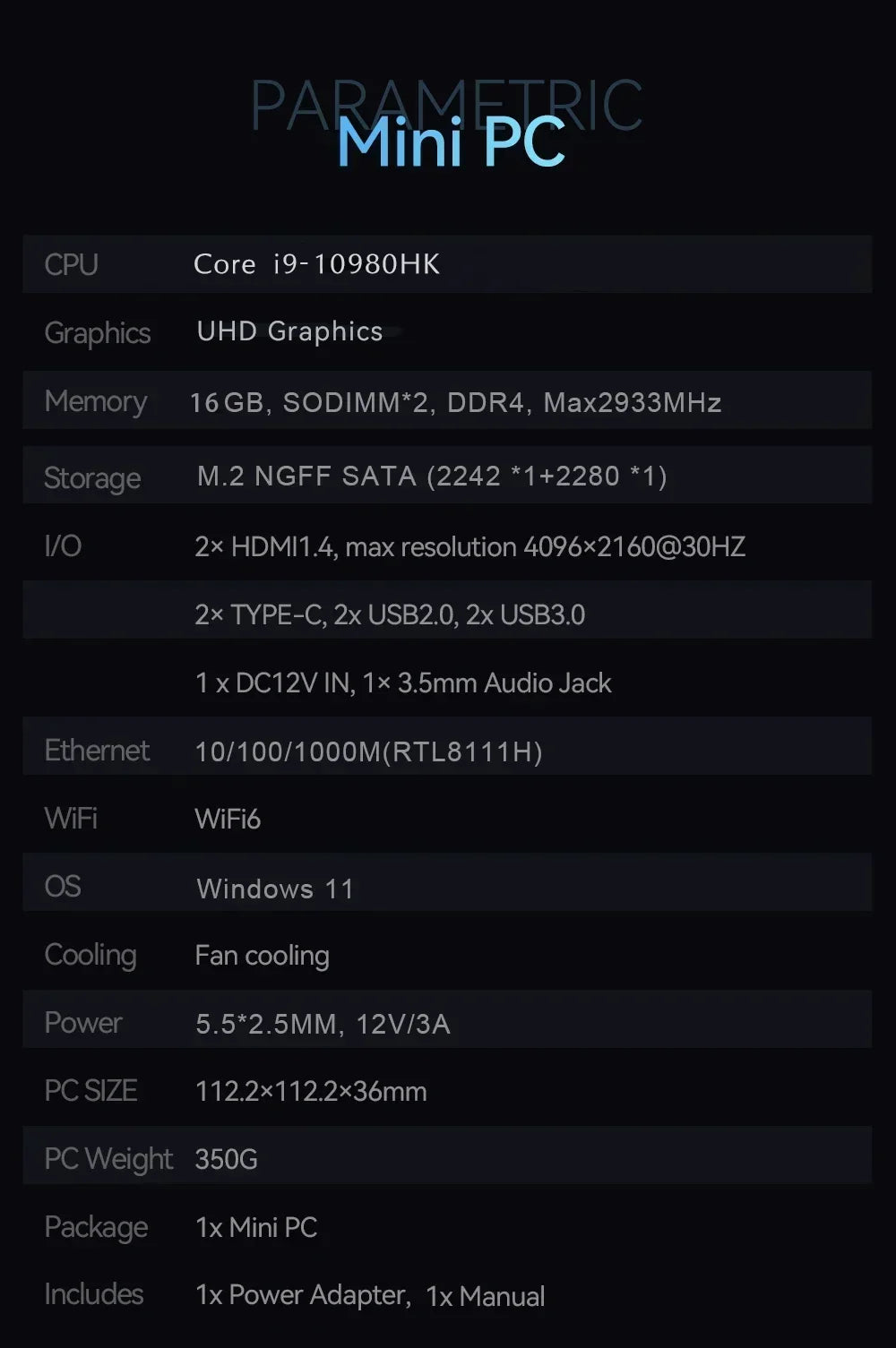 Portable Mini PC Core I9-10980HK Gaming Mini PC Windows 11 Pro 16GB/32GB DDR4 1TB 2TB M.2 SSD WiFi 6 BT5.2 Desktop Computer
