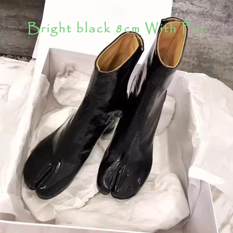 Split Toe Chunky Heels Ankle Boots Women Brand Designer Tabi Short Boots Autumn Winter INS Style Genuine Leather Female Shoes