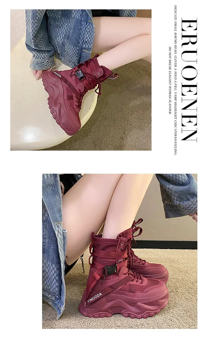Hot Fashion Women Chunky Platform Motorcycle Boots White Lace Up Thick Bottom Shoes Woman Autumn Winter Ankle
