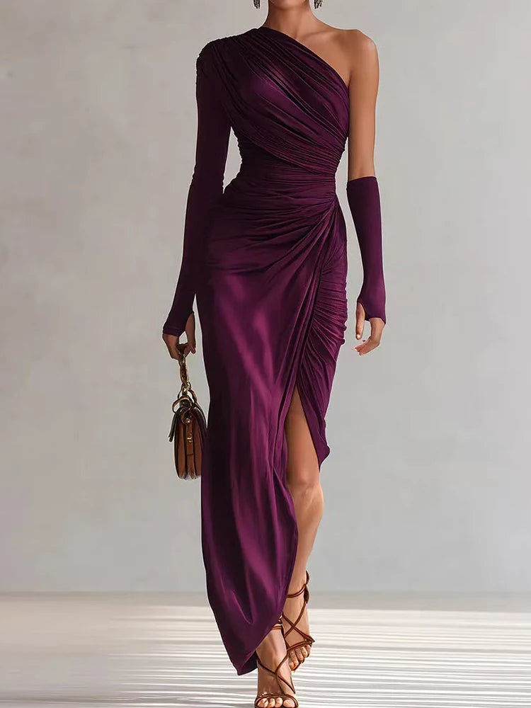 Spring Summer Skew Collar Solid Maxi Dress, Women Holiday Fashion One Shoulder Party Dress, 2026 Elegant Patchwork Ladies Dress