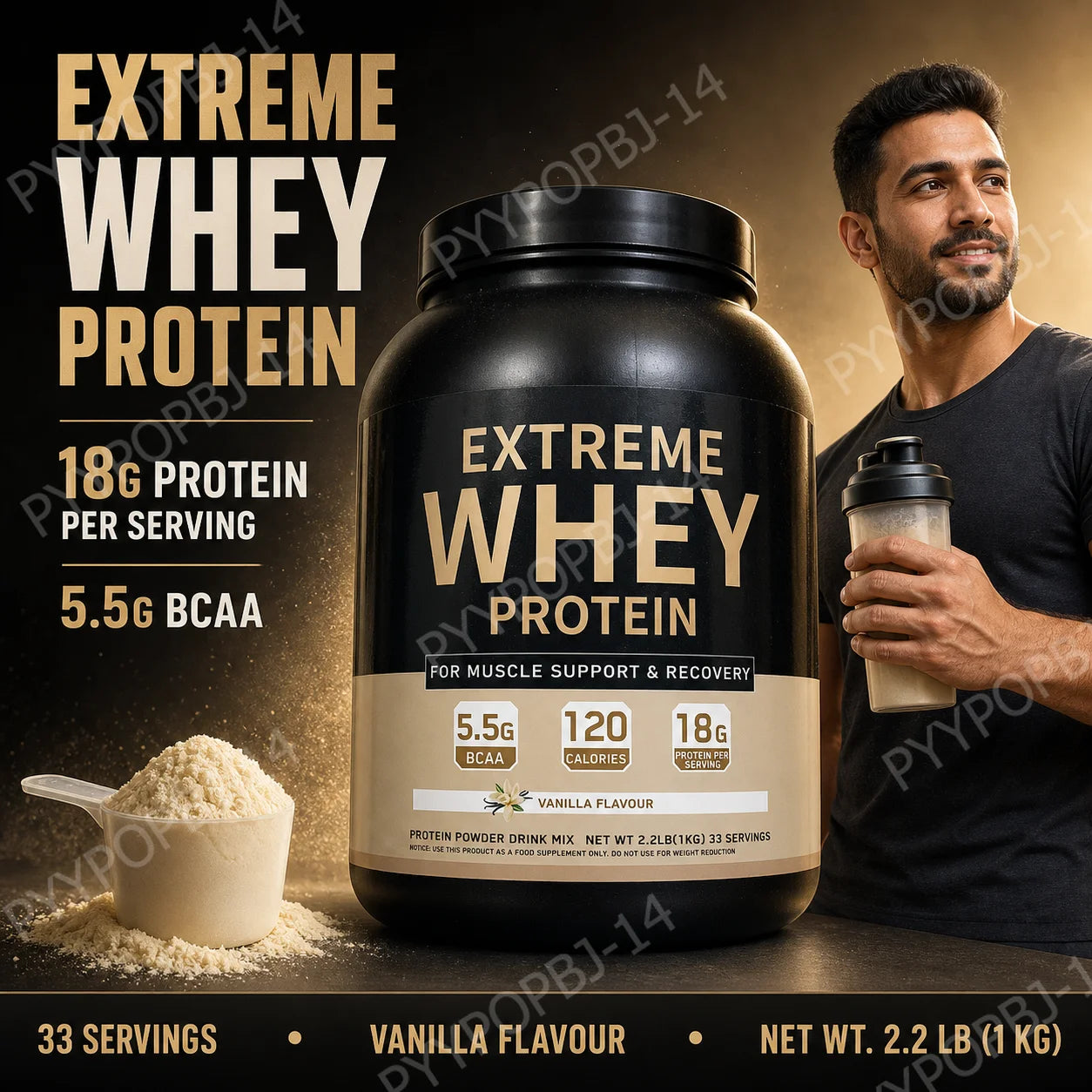 Whey Protein Powder 18g Protein 5.5g BCAA, Vanilla Flavor for Muscle Support Recovery and Daily Sports Nutrition 33 Servings 1kg