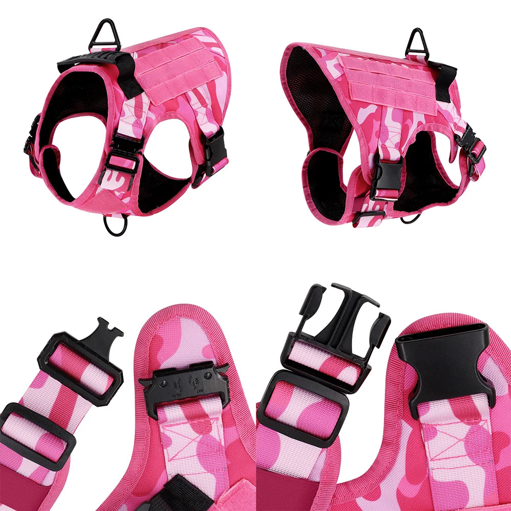 Tactical Pink Dog Harness Leash Set for Medium to Large Dog Adjustable Chest Strap Heavy-Duty Nylon for Outdoor Training Walking