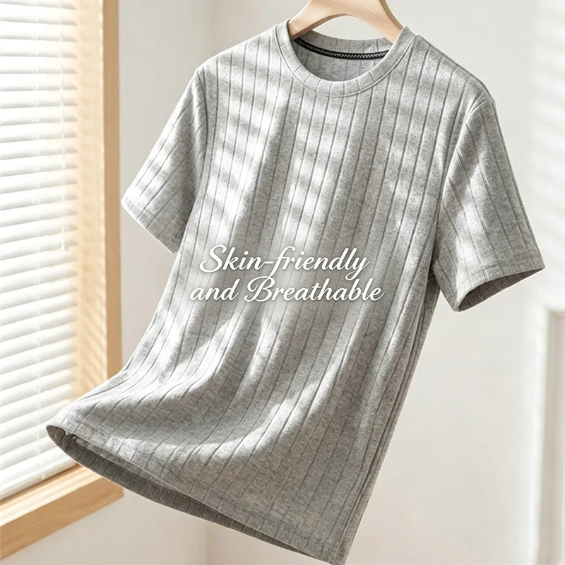 Men's Minimalist Crew Neck Ribbed T Shirt Comfortable Elastic Fabric Short Sleeve For Office And Casual Wear