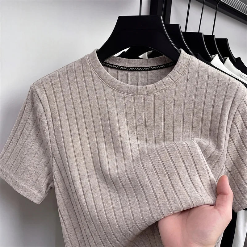 Men's Minimalist Crew Neck Ribbed T Shirt Comfortable Elastic Fabric Short Sleeve For Office And Casual Wear