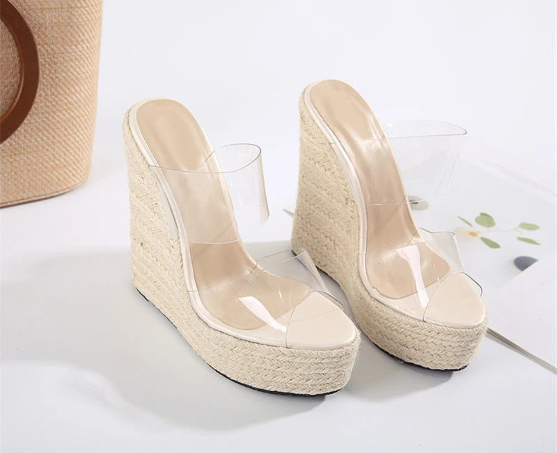 Summer PVC Transparent Peep Toe Cane Straw Weave Slippers Platform Wedges Sandals Women Fashion High Heels Female Shoes