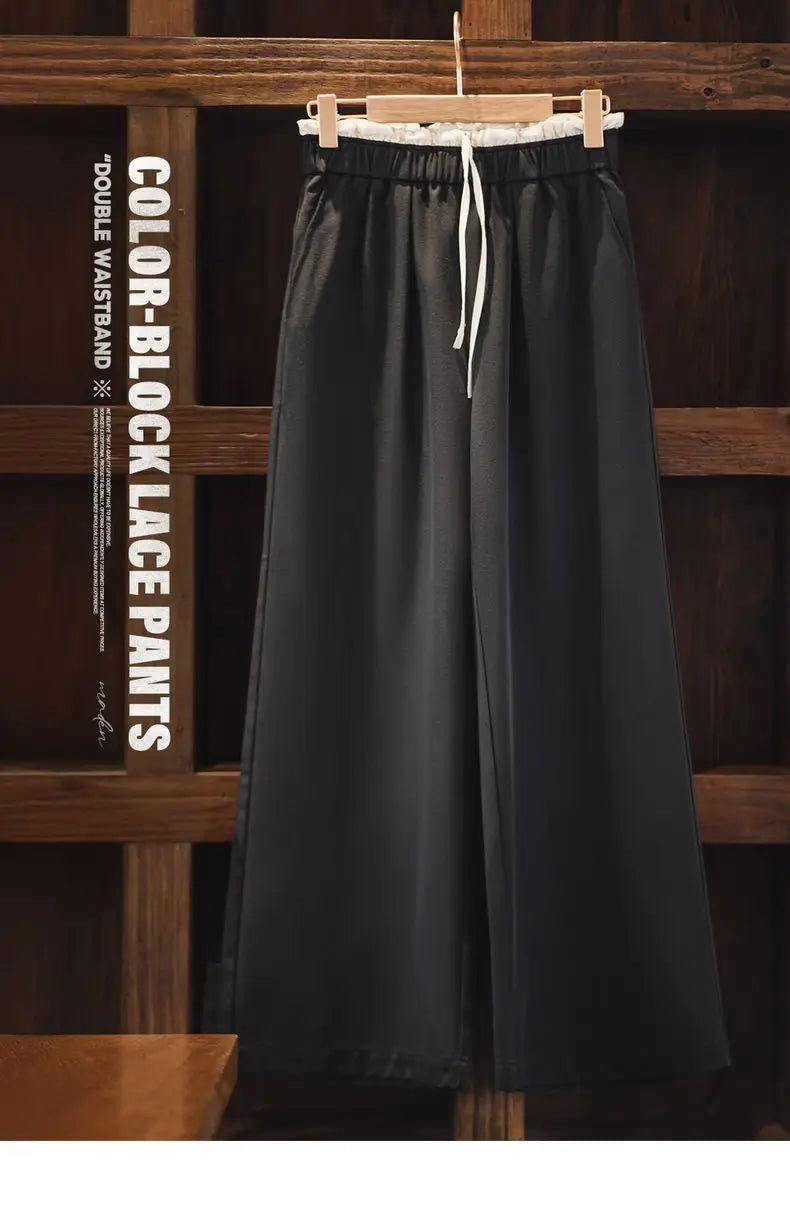 Maden Women's Wide Leg Patchwork Pants Black Elastic Waist with Drawstring Trousers Breathable Office Dress Pants for Summer