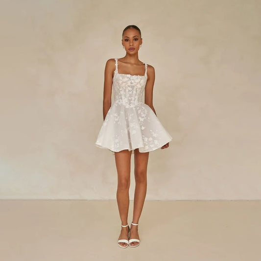 Customized Short Mini Lace Flowers Wedding Dresses Classic Square Neck Sleeveless Bride Gown For Women vestidos de novia