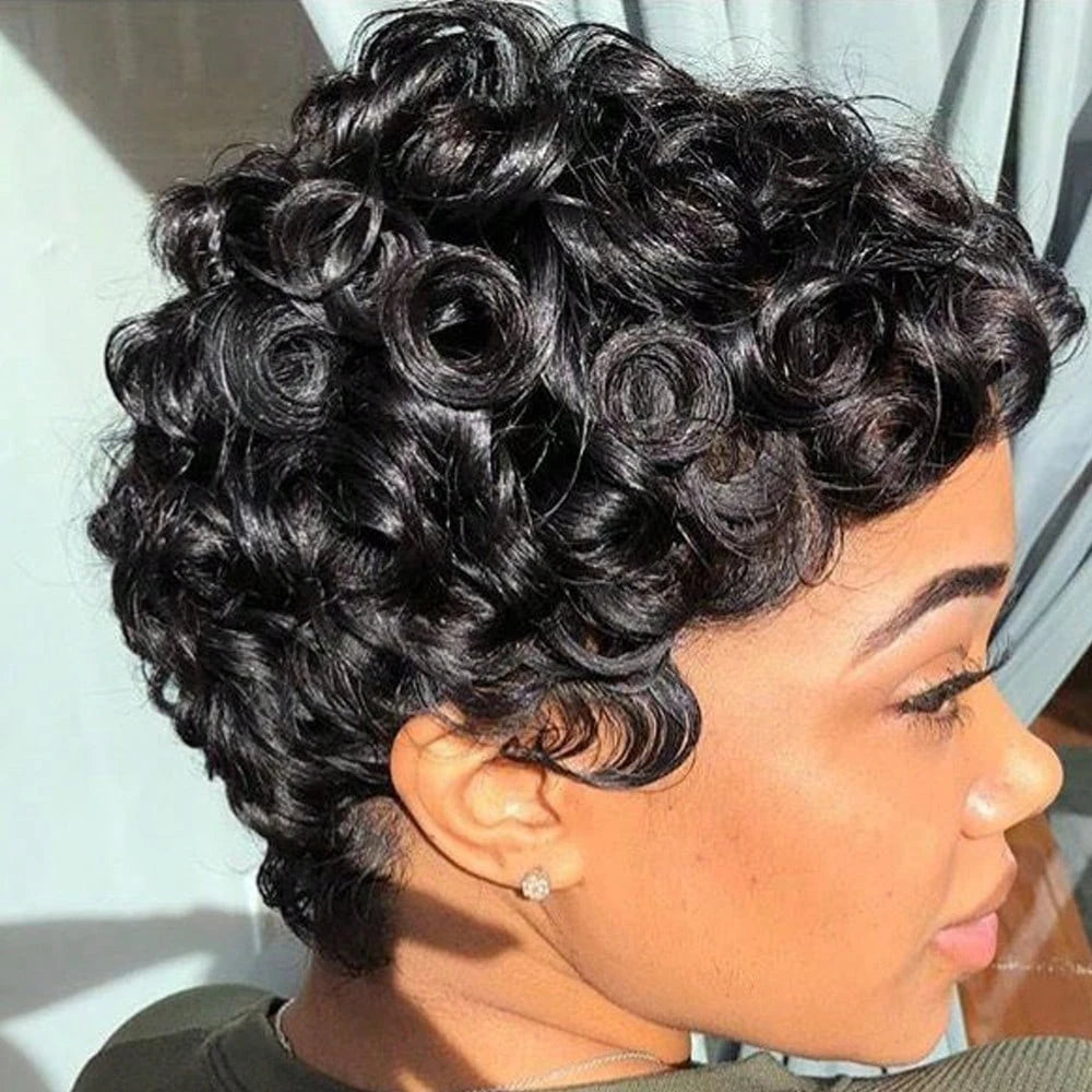 Short Layered Pixie Curly Wigs Human Hair Chic Pixie Cut Human Hair Wig With Bangs Black Color Full Machine Made For Women