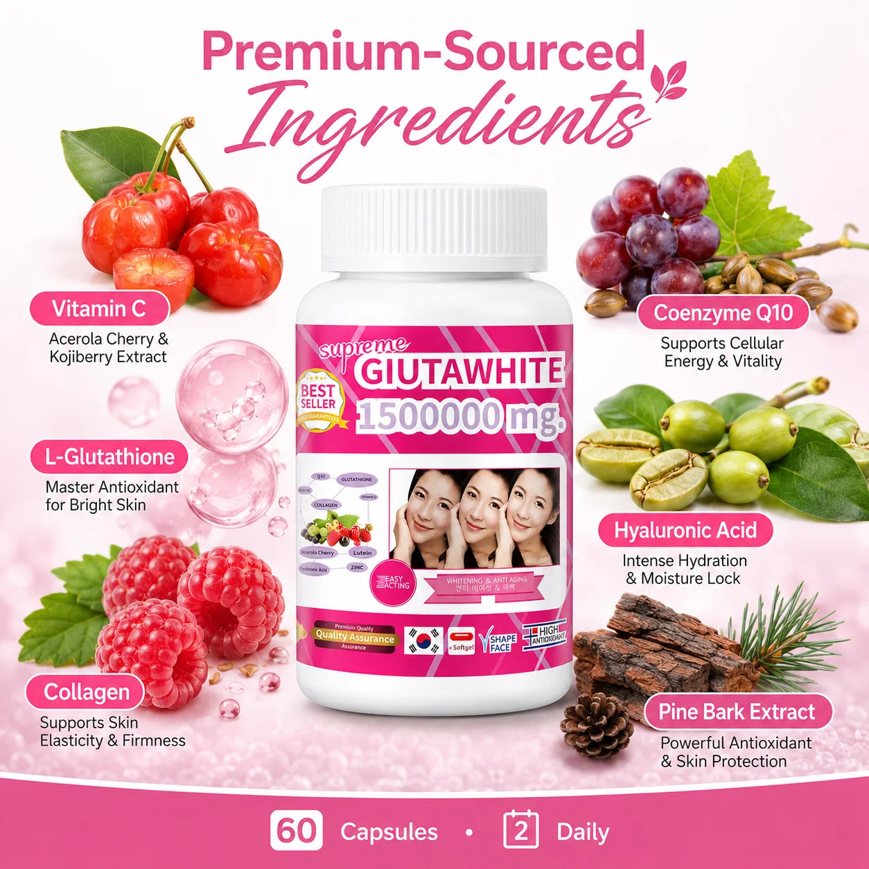 Glutathione Beauty Complex with Collagen, Vitamin C, CoQ10, Hyaluronic Acid & Biotin, Antioxidant Skin Support, 60 Capsules