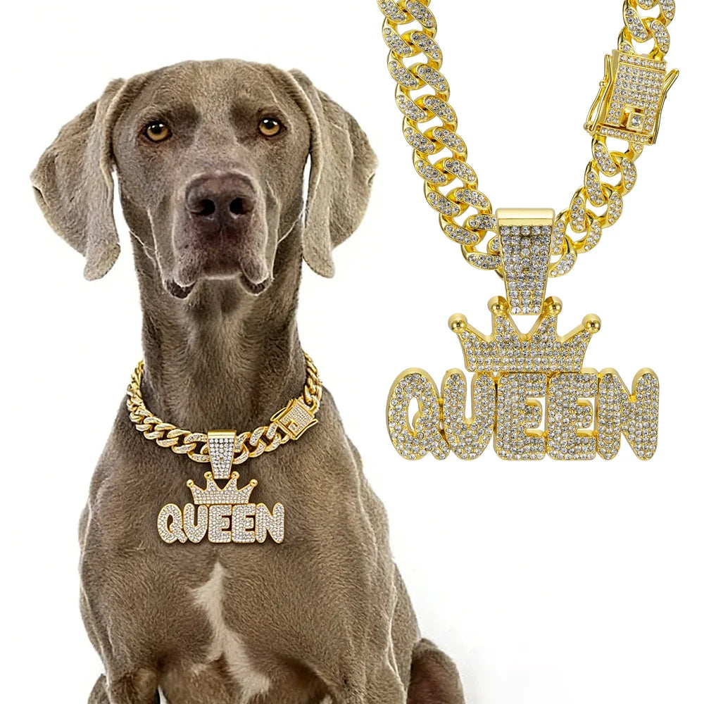 Cuban Dog Chain, Aluminum Alloy Pet Dog Collar, Gold Necklace for Small to Large Dogs Cats King Queen Pendant Jewelry Accessory