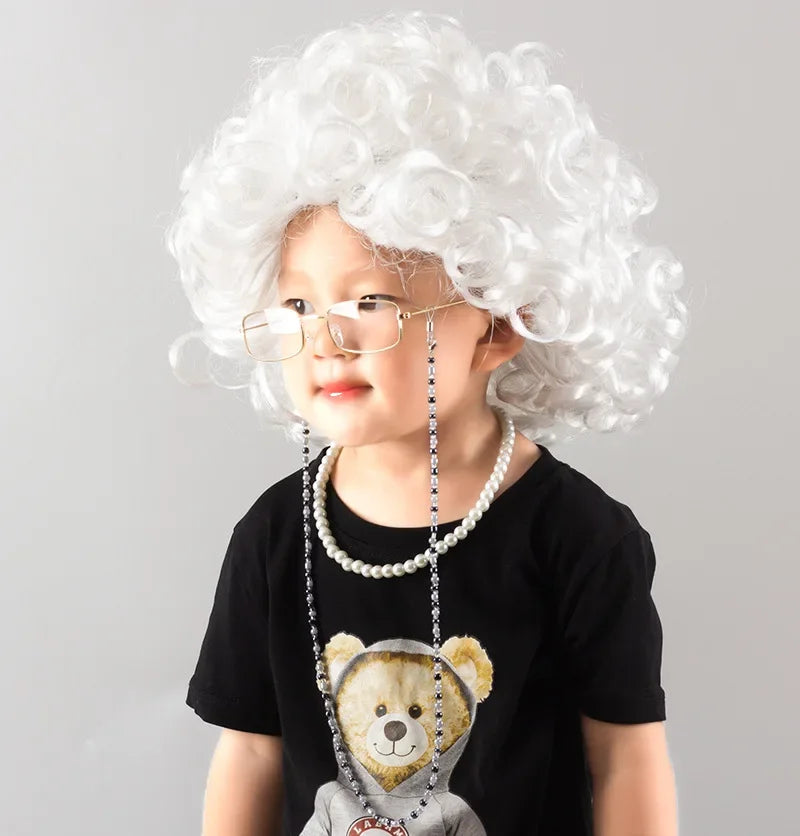 Halloween  Great grandma cosplay older performance costume Kid Halloween wig necklace eyeglass