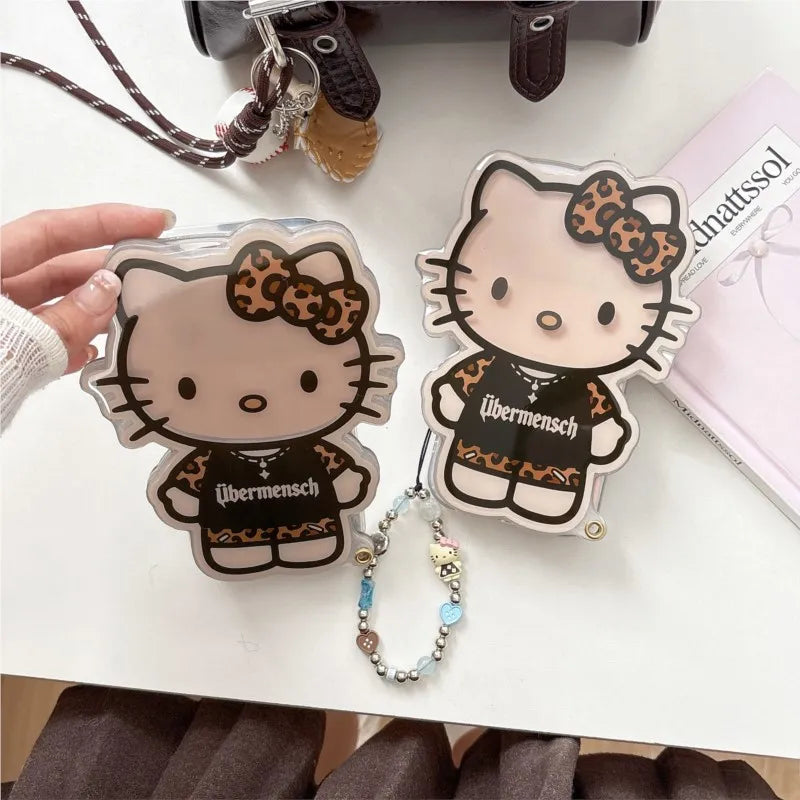 Sanrio Cartoon Glowing Hello Kitty Girlish Mirror Phone Case For IPhone 17 Pro Max 16 15 14 Promax Leopard Print Anti-drop Cover