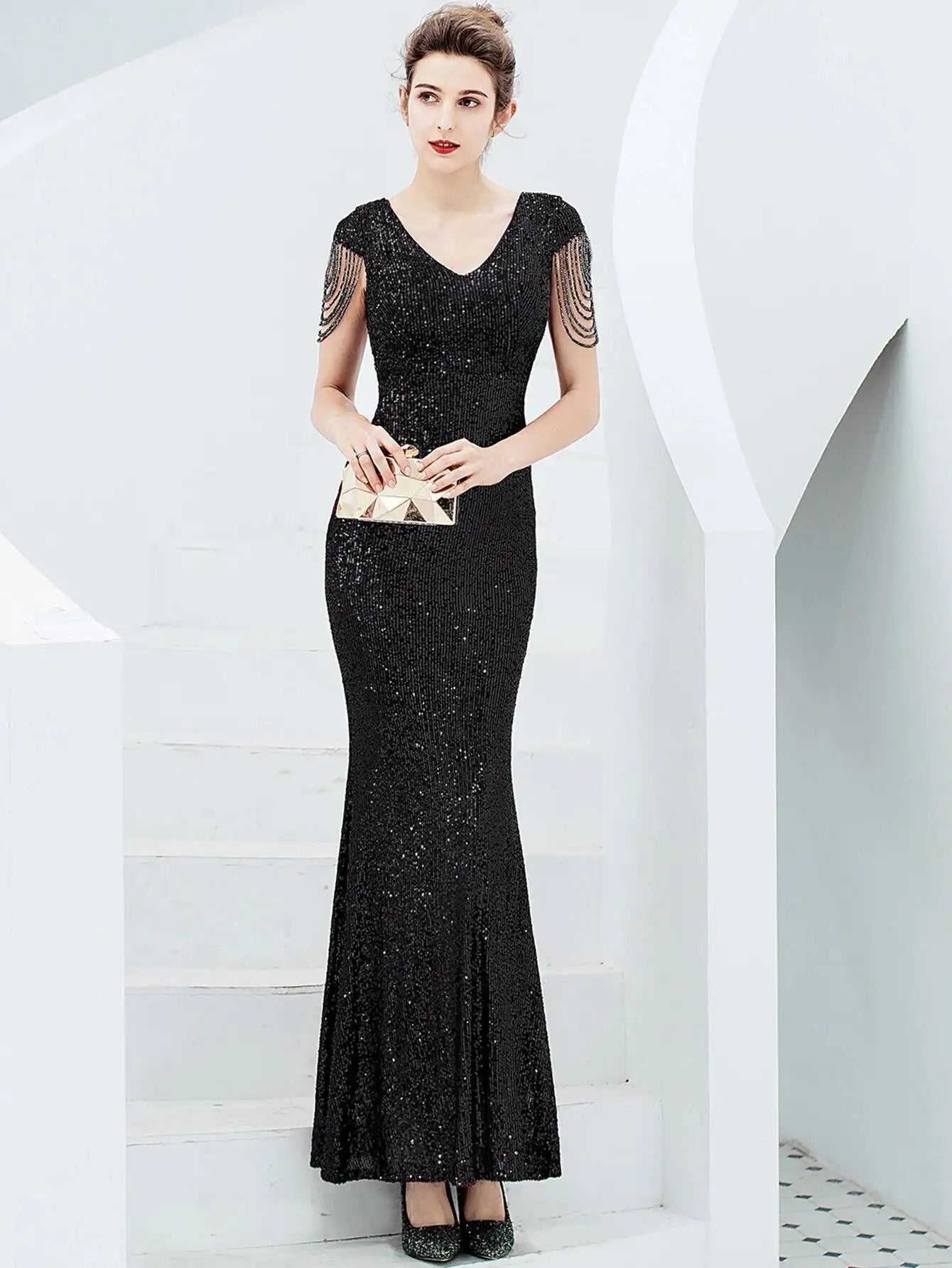 Sexy vintage maxi black sequin summer dress women 2025 elegant luxury birthday party long dresses fishtail evening dress vestido