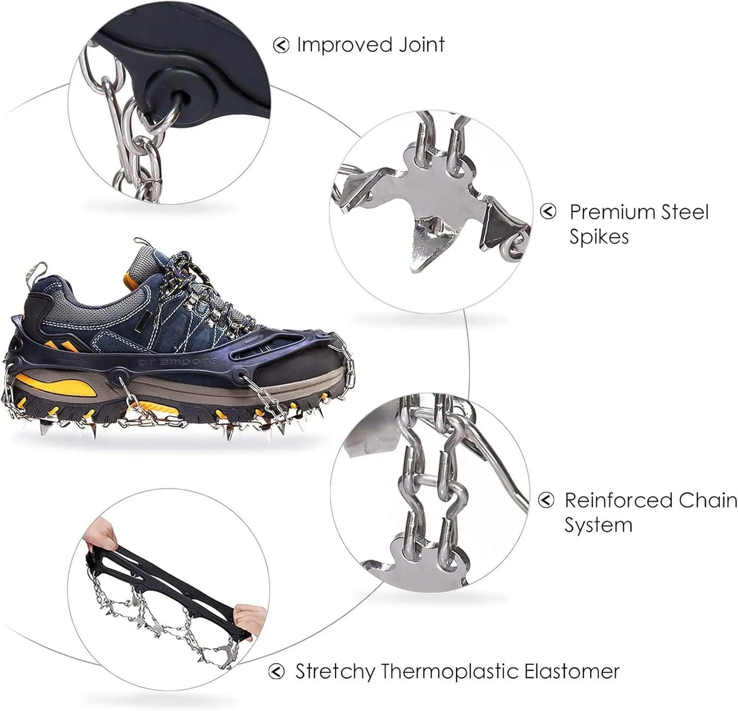 2PCS Ice Cleats for Snow & Ice Non-Slip Overshoe Crampons with Stretch Fit Rubber Traction for Walking