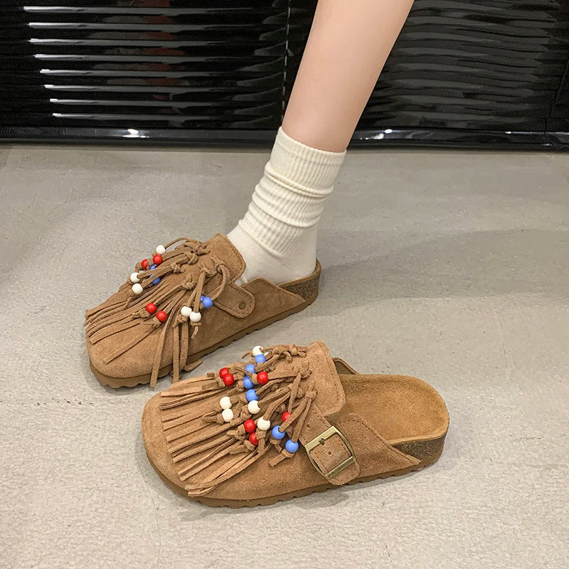 2025 Women Mules Shoes Flats Suede Women's Sandals Fringes Summer Fashion Slippers Walking Dress Cozy