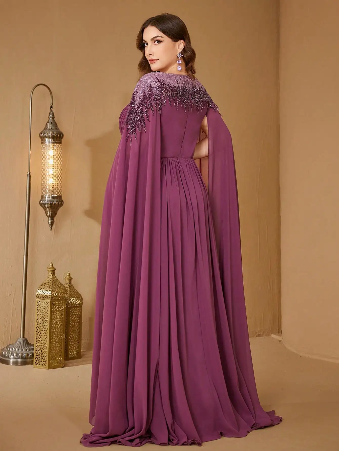 UNITHORSE Plus Women's Stand Collar Cape Sleeve Sequin Patchwork Slim-Fitting Chiffon Temperament Evening Dress