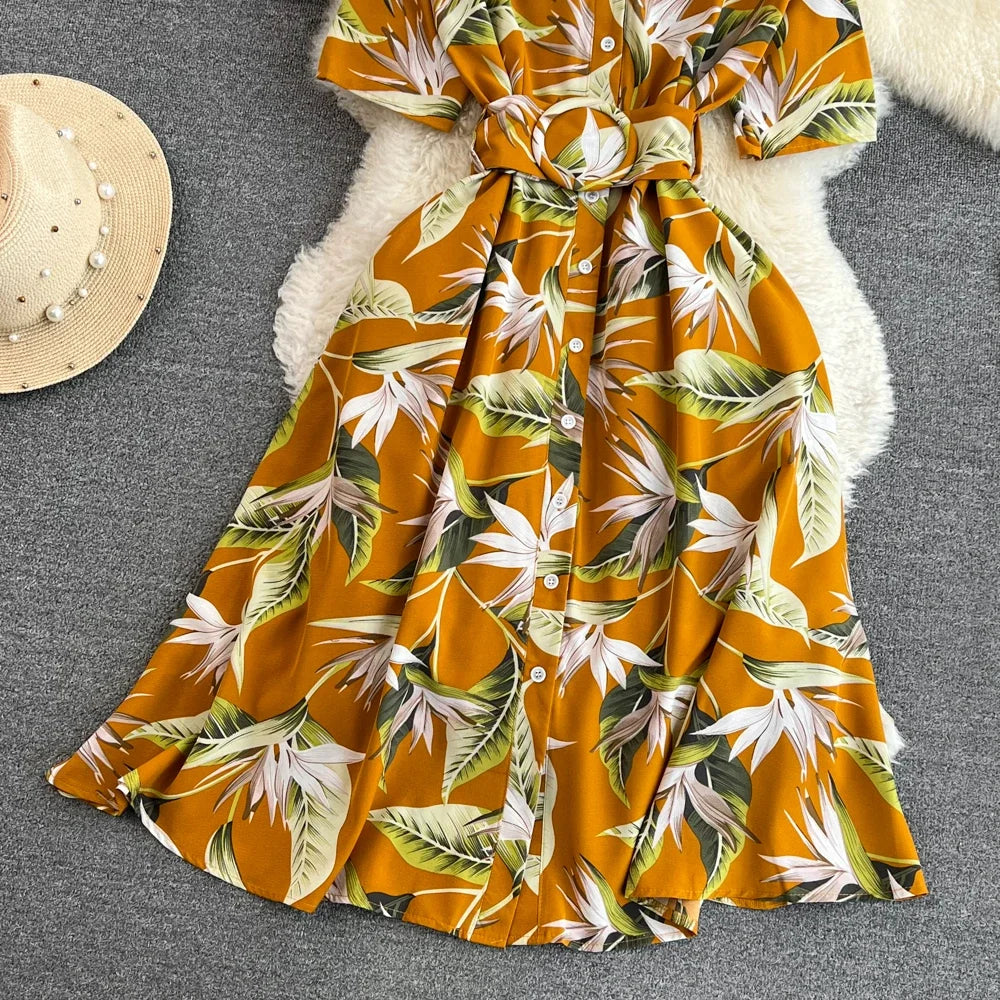 2024 New Summer Women Dress Fashion Print Floral A-line Shirt Dress with Belt Elegant Vintage Off Lady Dress Casual Vestidos