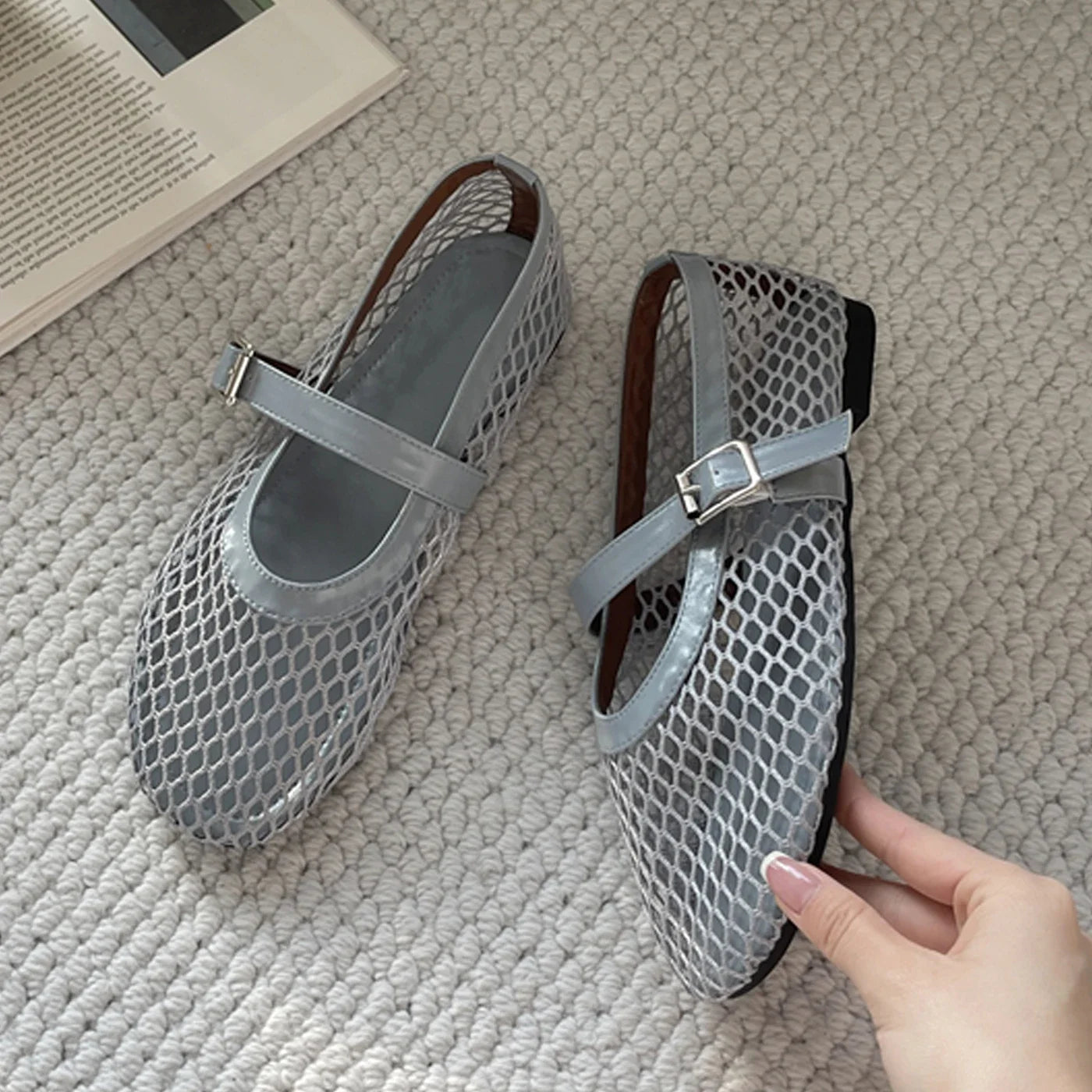 Aneikeh BIG Size 35-43 Jelly Color Fishing Ballet Dance Women's Mesh Buckle Flat Hollow Out Retro Mary Jane Shoes
