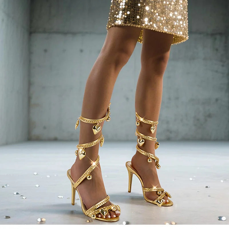 Onlymaker Women Round Toe Gold Metal Chain Pendant Wrap Strap Sandals Heels Slingback Stiletto 10CM Heeled Sandals