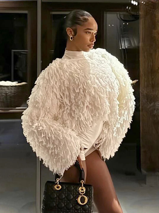 Nibber Street Fashion 2 Piece Set Woman o-Neck Full Sleeve Furry Tassel Sweater+Turtleneck Skinny Romper Causal Elegant Outfits
