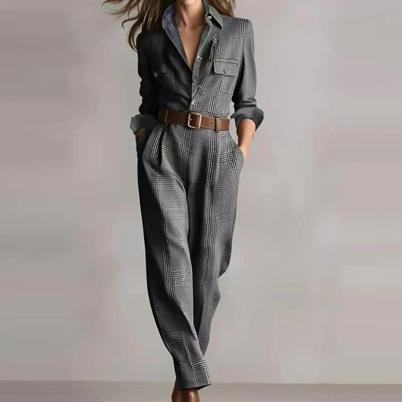 Fashion Lapel Collar Button Pocket Long Jumpsuit Women Casual Long Sleeve Solid Party Romper Elegant Street Loose Cargo Playsuit