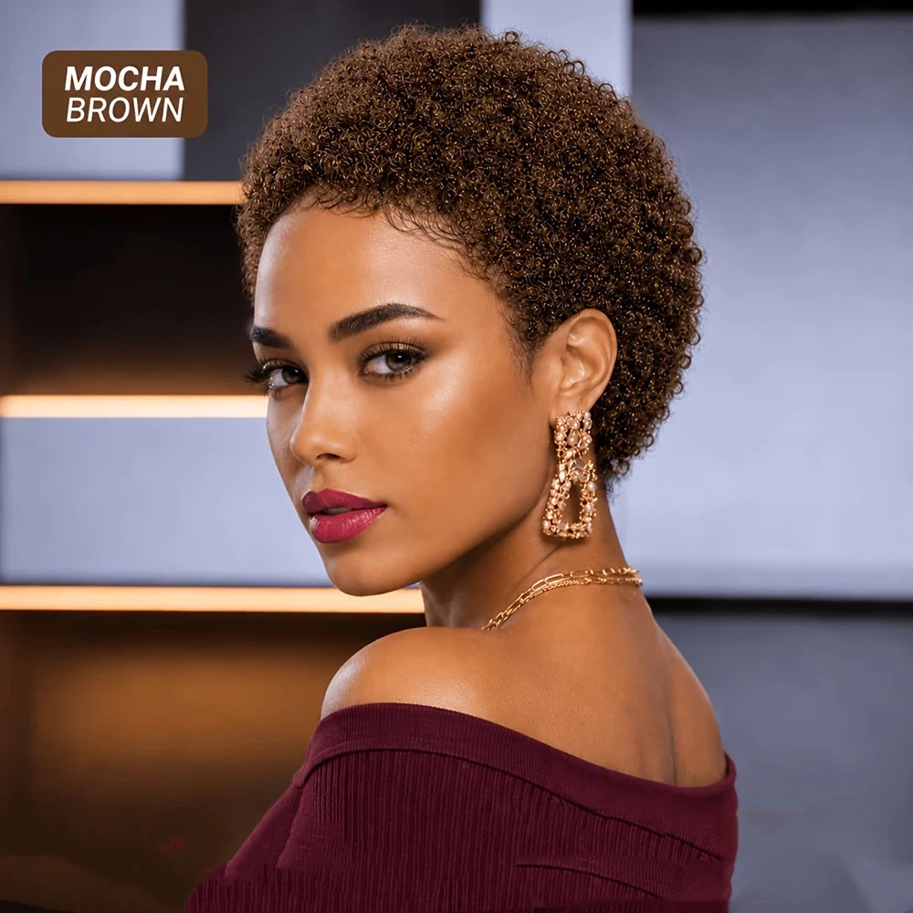 Short Kinky Curly Wigs Pixie Cut Wigs Human Hair for Women Bazilian Hair Machine Made Cap Natural Black/Brown/Burgundy Color Wig