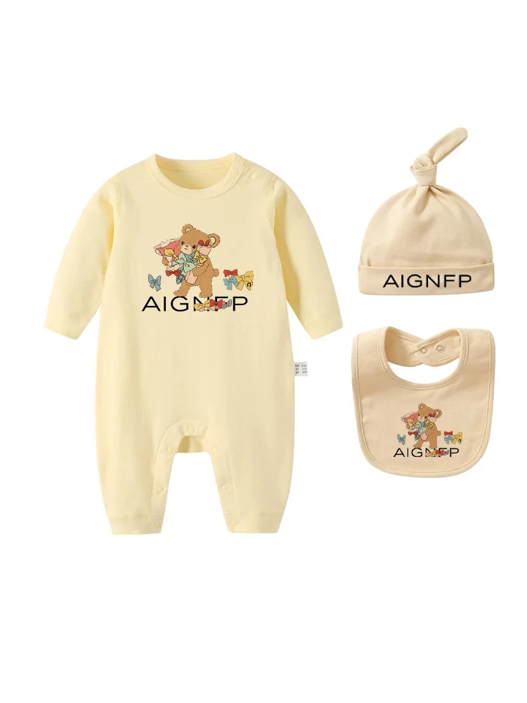 Cute Bow Bear Romper Newborns Clothes Autumn 2025 Hot Sale New Toddler Jumpsuit Hat Bib scarf Set Baby Girls Long sleeves Romper