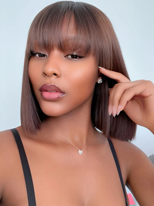 Lekker Short Pixie Straight Bob With Bangs Lace Closure 100% Human Hair Wigs For Women Brazilian Remy Hair Glueless Colored Wigs